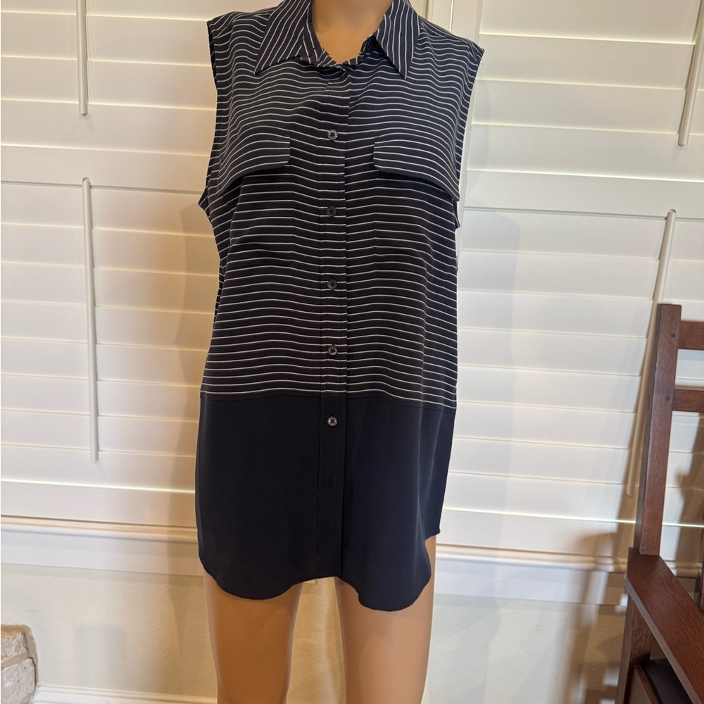 NWT Equipment Navy and White Striped Sleeveless Silk Blouse large